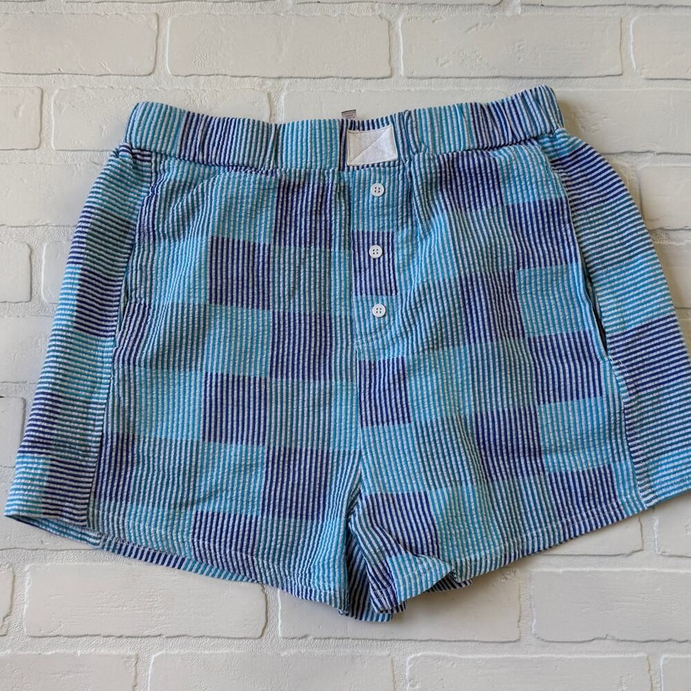 33 Coastal Women's Dark Blue Light Blue Boxer Style Striped Cotton Shorts L